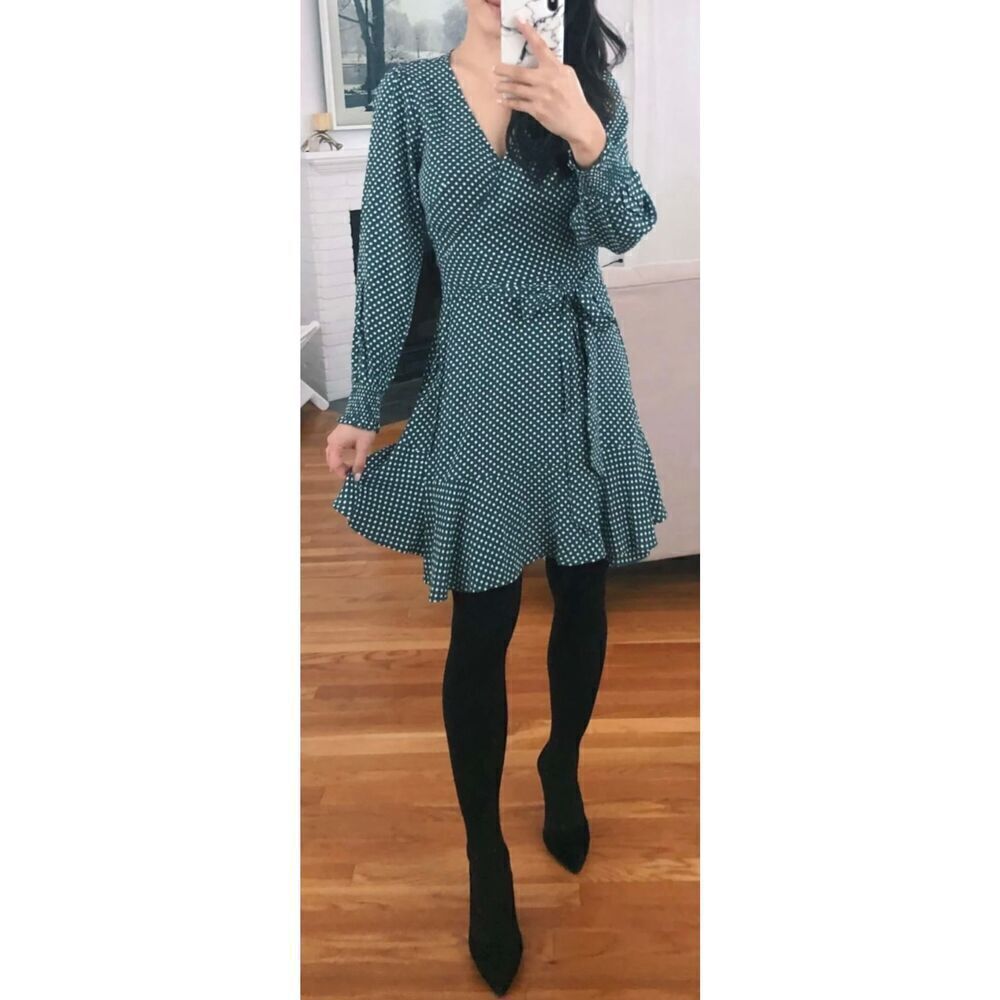 NWT Loft Dark Green Polkadot Mini Wrap Dress